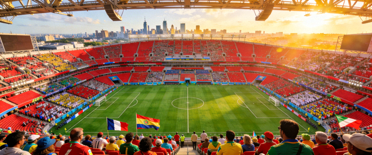 世界杯主赛场鸟瞰图 - 绿茵场与满座观众席的宏大场面